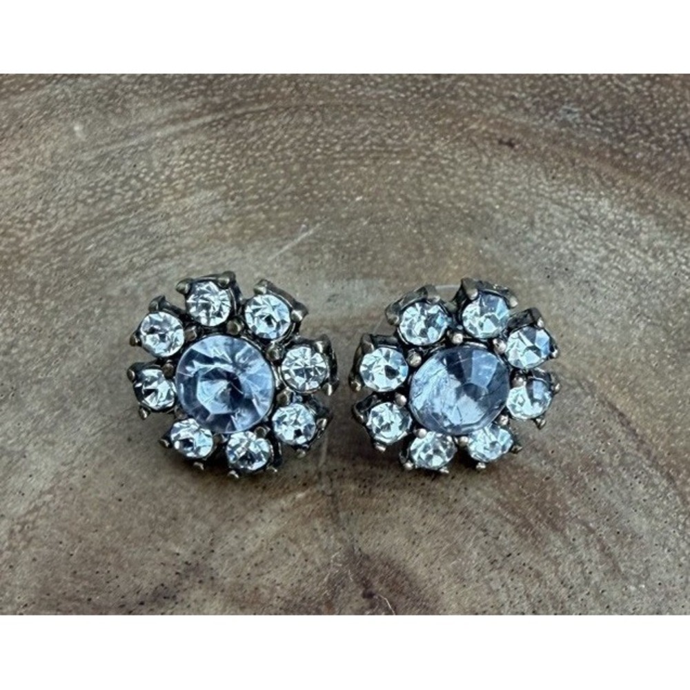 Vintage Clear Rhinestone Flower Earrings Gold Tone Pierced Boho Retro Cottage